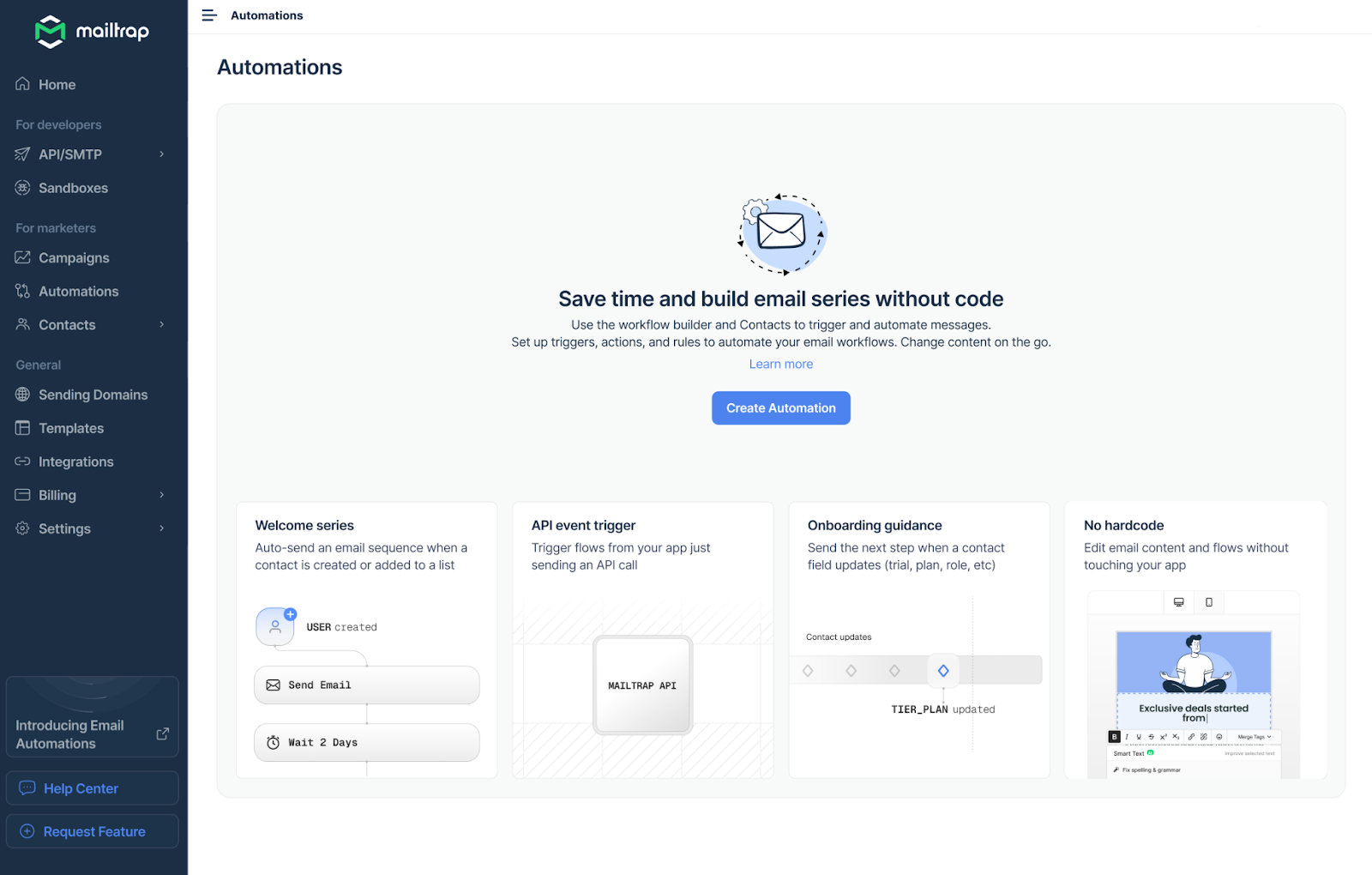 Mailtrap workflow automation builder displaying visual flowchart canvas for creating email automation sequences with triggers, actions, conditional logic branches, time delays, and API event integration for welcome series and behavioral campaigns